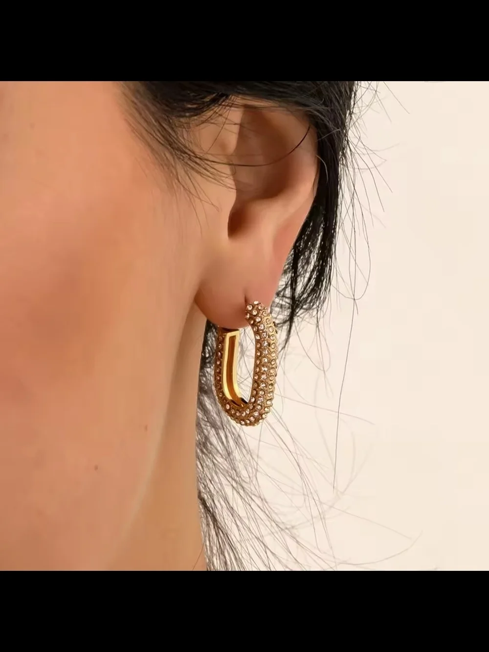 Gold Crystal Pave U-Shaped Hoop Earrings - Women Jewelry - Picture 3 of 3